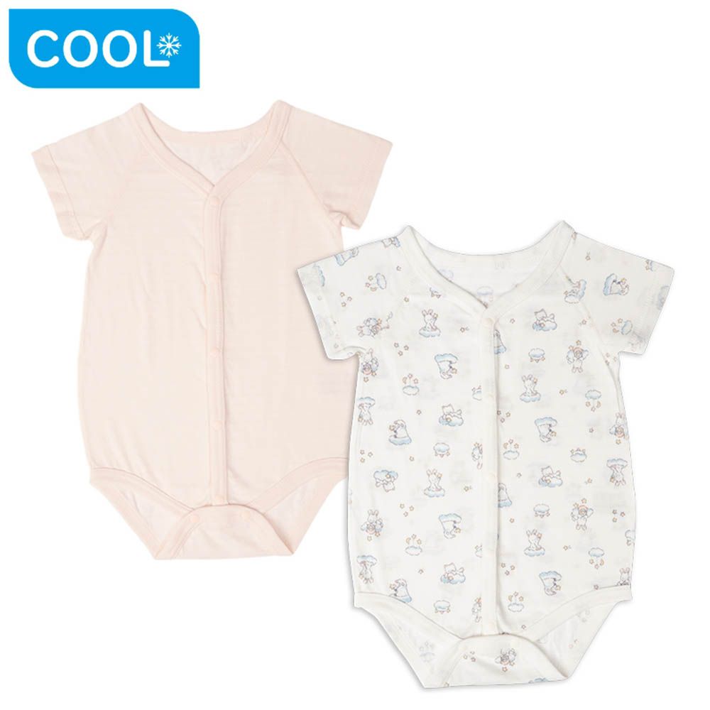 短袖包屁衣2件組涼爽純棉-前開式 動物-粉紅色