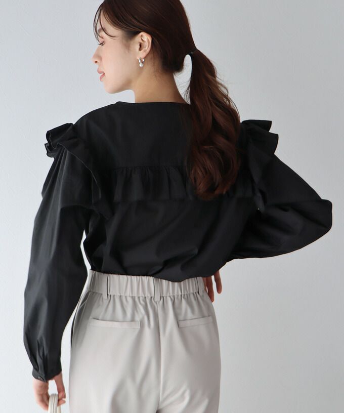 日本 BLUE EAST - 青澀回憶荷葉邊長袖襯衫-湖水綠