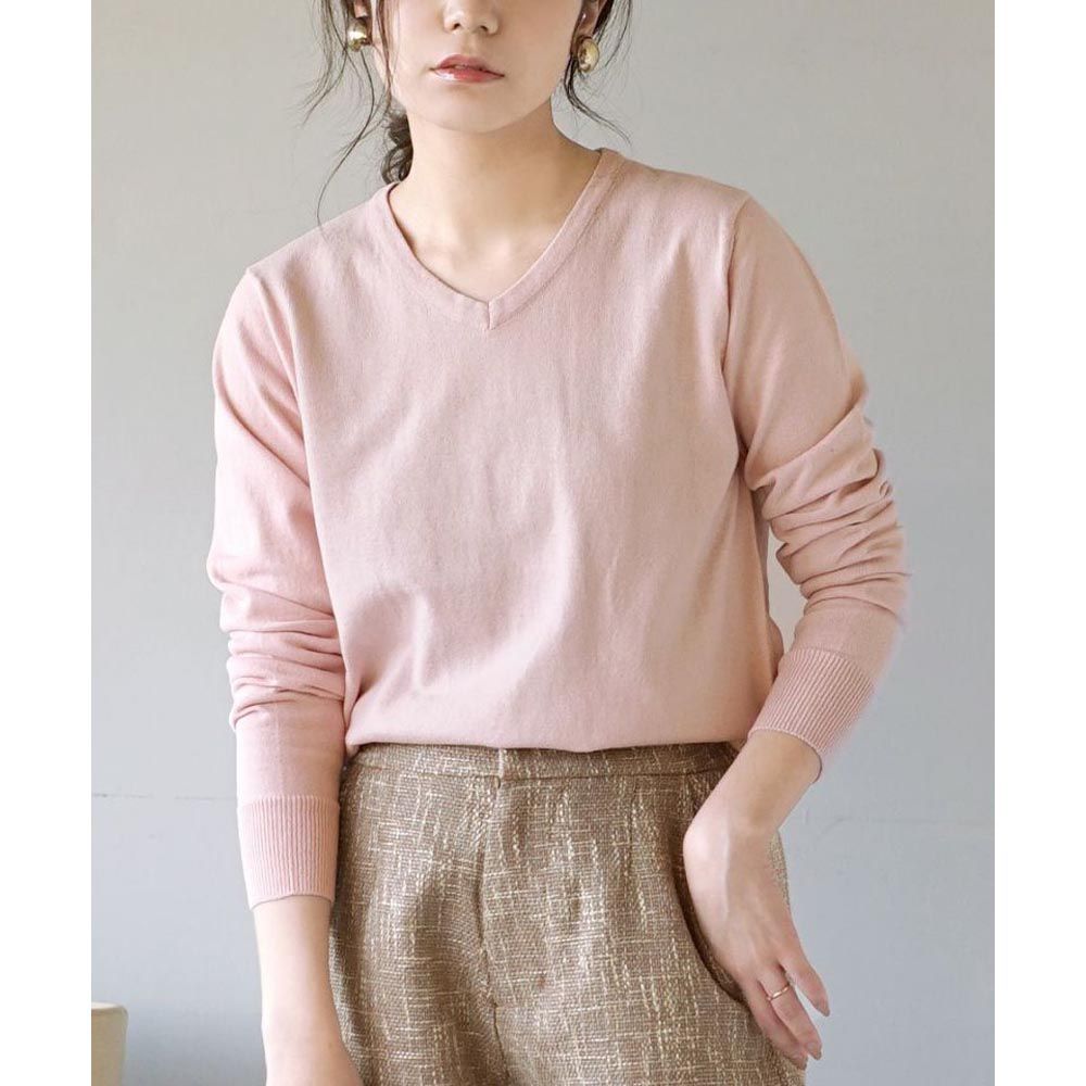 日本 zootie - 100%棉 輕盈柔軟薄針織上衣-V領-春櫻粉