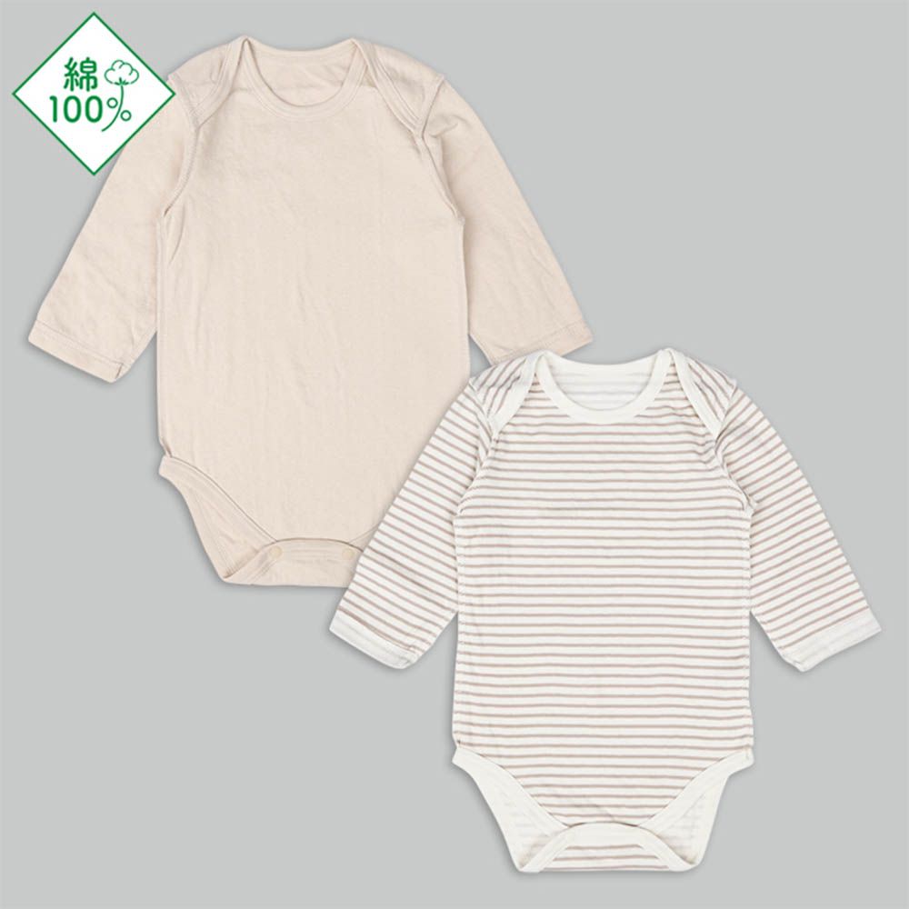 長袖包屁衣2件組-蓬鬆棉 套頭式 橫紋-淺卡其色