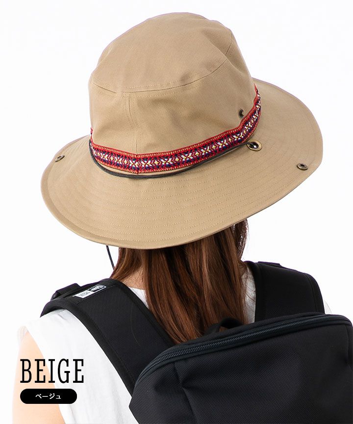 日本 irodori - 抗UV民族風圖騰撞色遮陽帽(附防風帽帶)-杏