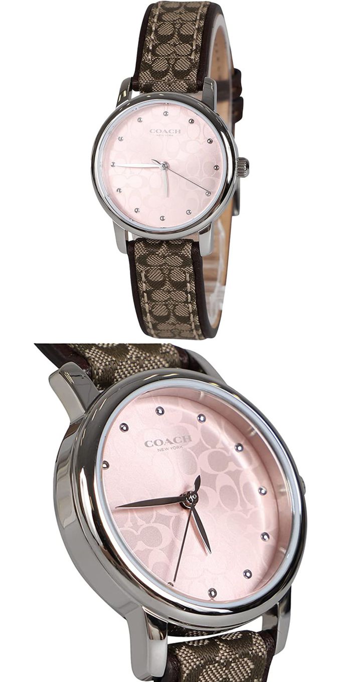 COACH - 滿版logo織布錶帶腕錶 (卡其粉)