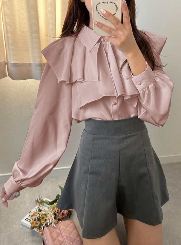 日本 GRL - 優雅層次翻領長袖襯衫-米白 (F)