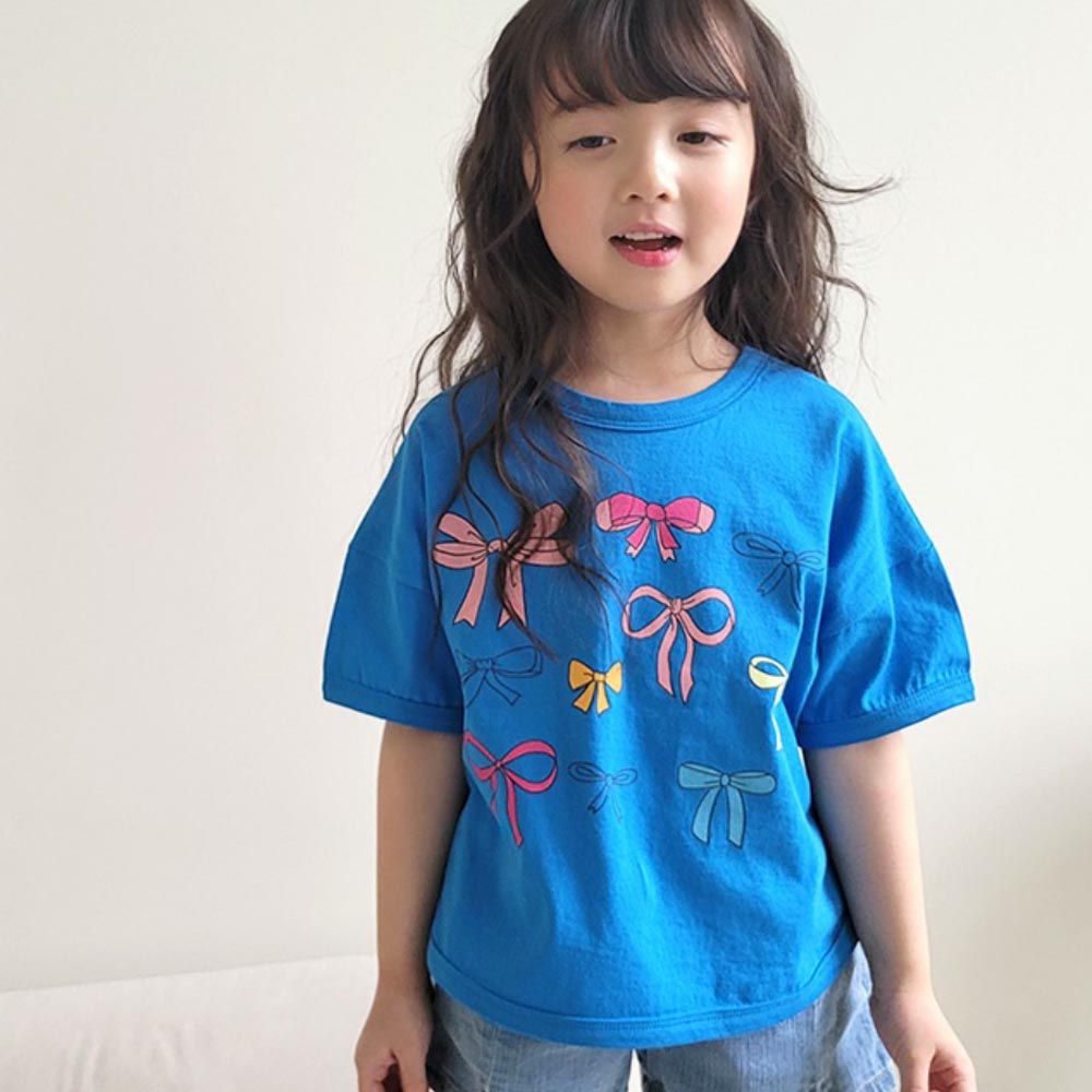 韓國 Peanuts House - 蝴蝶結印短袖上衣-寶藍