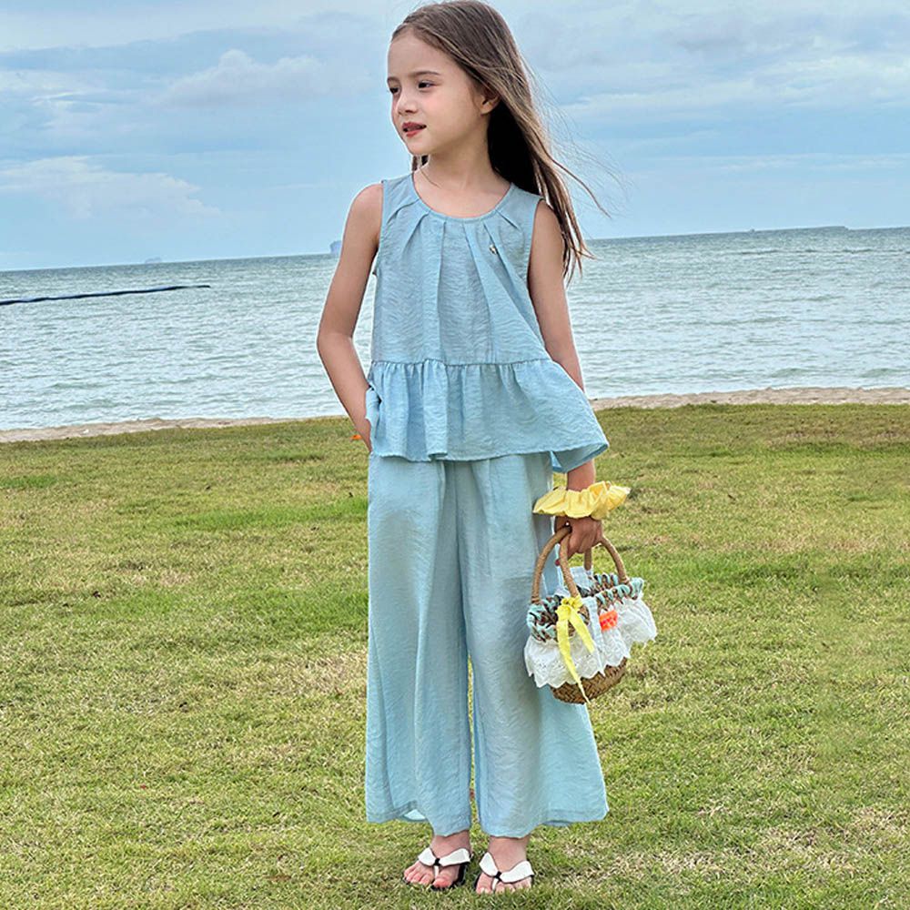 簡約休閒無袖背心+寬褲套裝-藍色