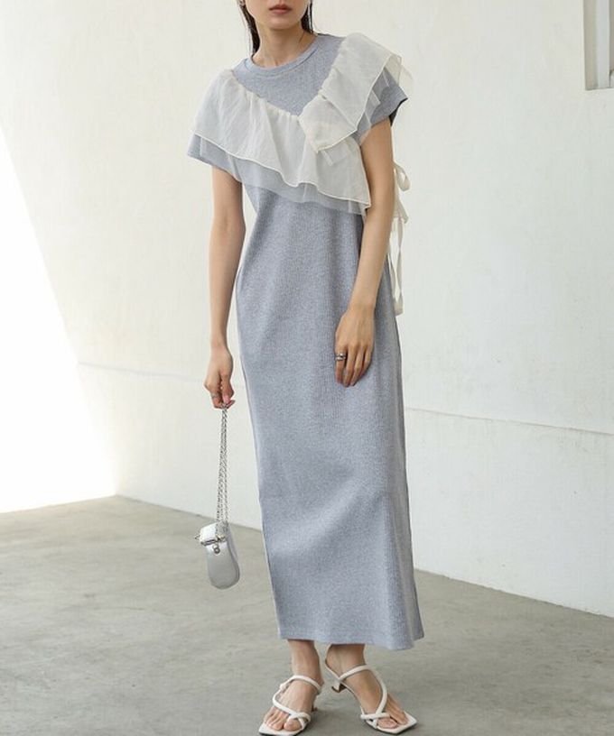 日本 Bab - 不對稱交叉薄紗拼接短袖洋裝-淺灰