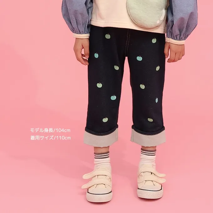 日本 ZOOLAND - 水果樂園 滿版印花摺邊七分褲-蘋果-海軍藍