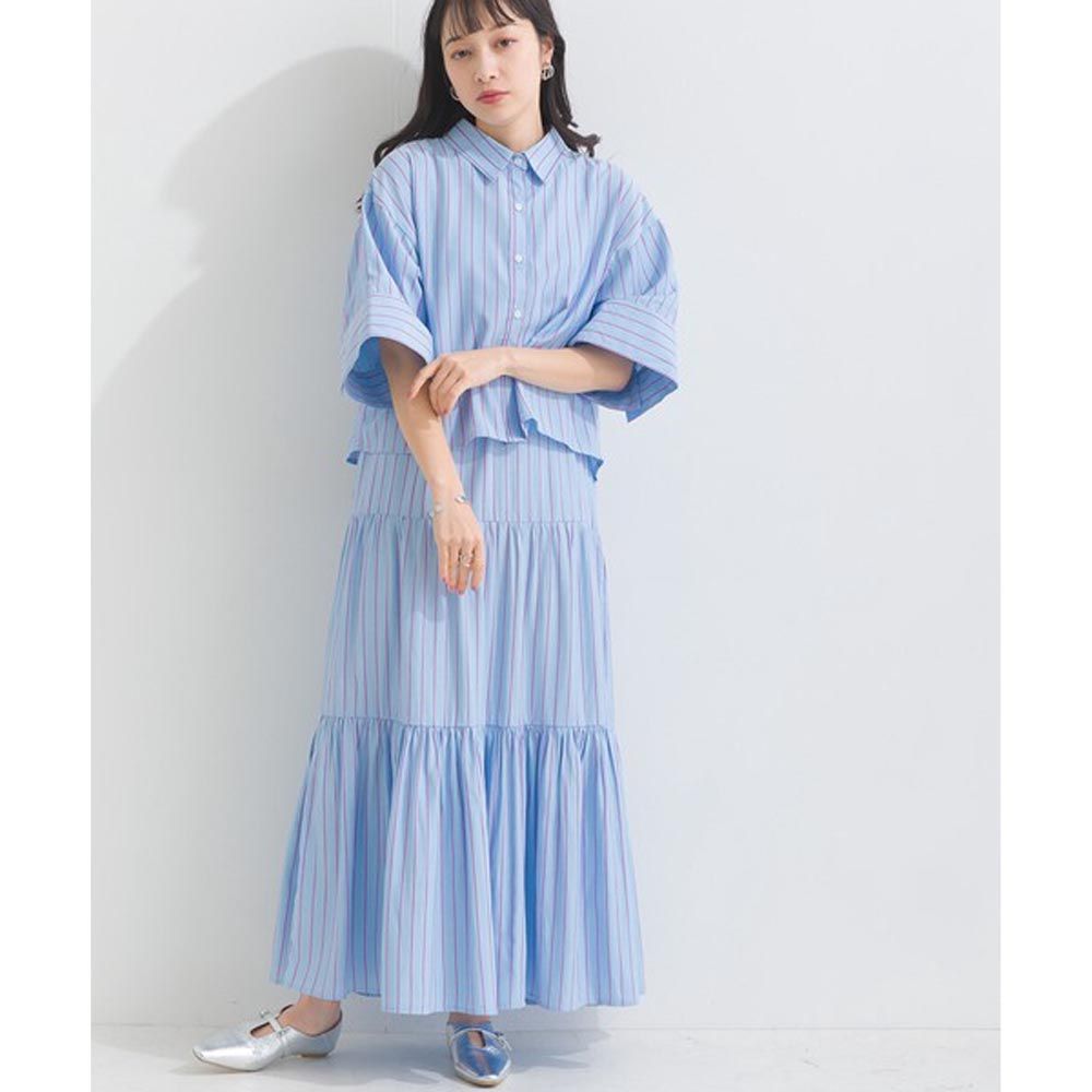 日本 Lupilien - 率性直條紋襯衫+背心洋裝2件組-水藍