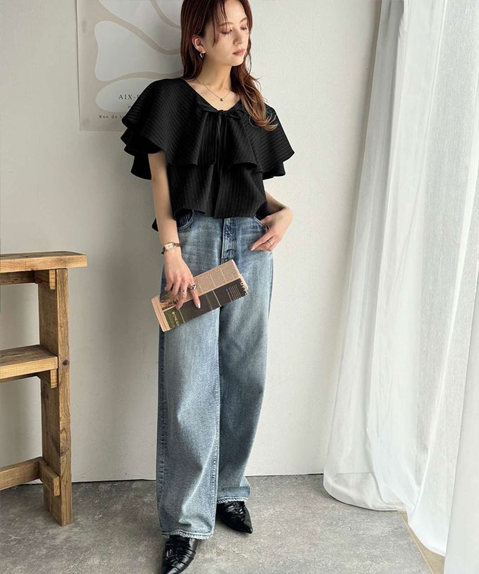 日本 Classical Elf - 前後2way優雅荷葉大翻領上衣-細條紋-黑