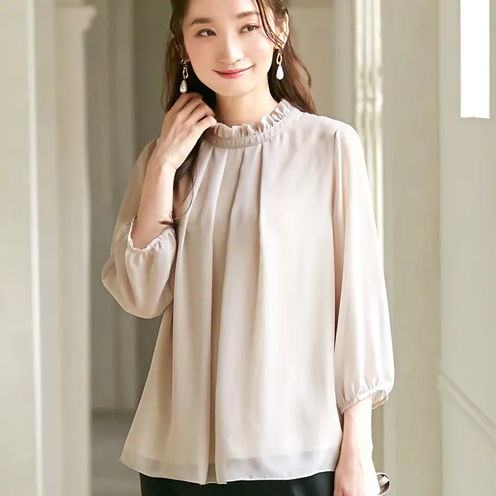 日本 BELLUNA - 優雅抓皺雪紡八分袖上衣-黑