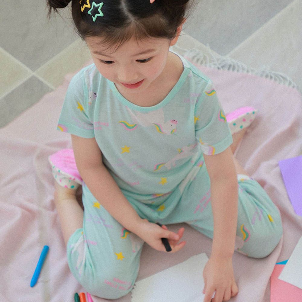 輕透涼感嫘縈短袖家居服-彩虹獨角獸-湖水綠