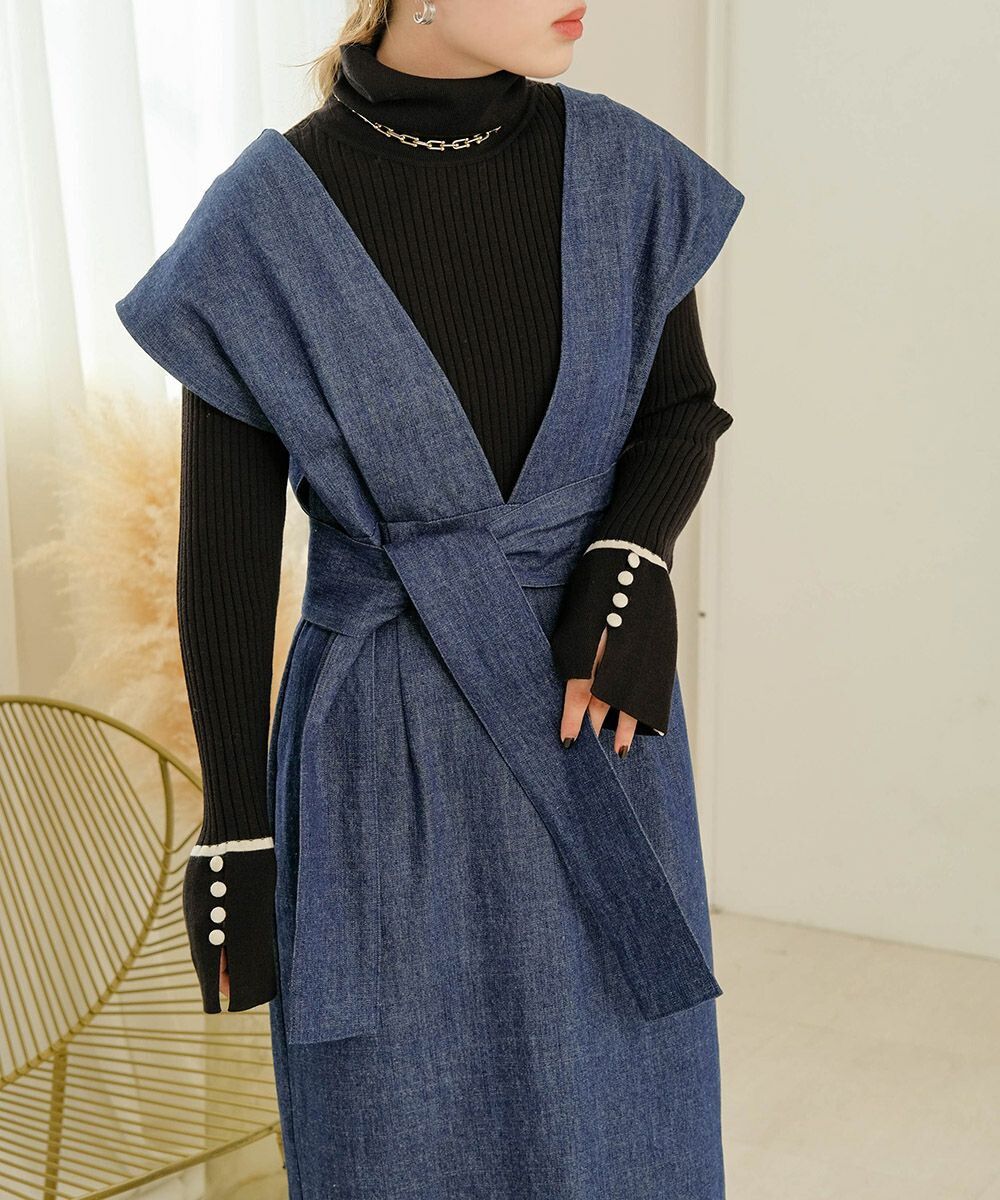 日本 Bab - 知性V領設計綁帶背心裙-深可可