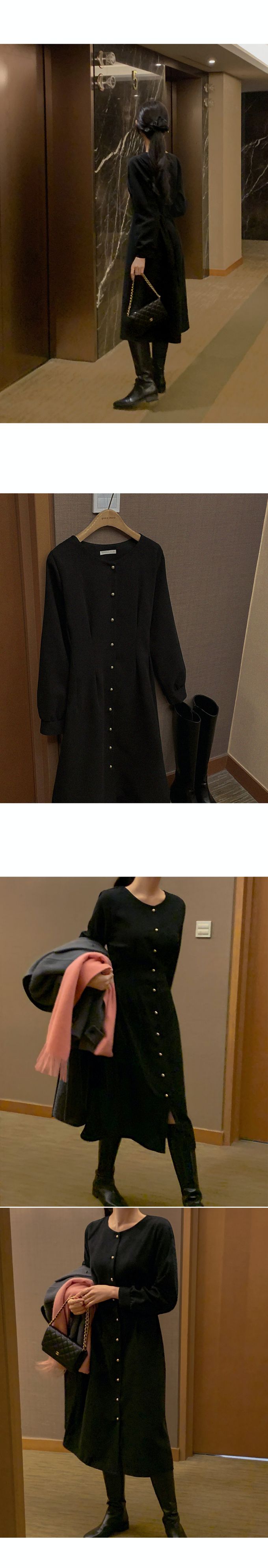 韓國女裝代購 - 霧面質感金釦點綴修飾連身洋裝-乾燥玫瑰粉 (FREE)