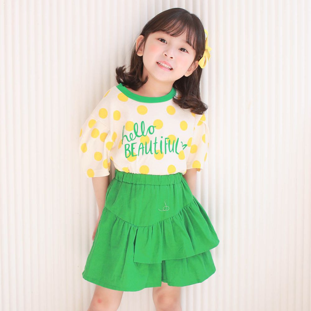 韓國 Dalla - 波點泡泡袖純棉T+不對稱荷葉褲裙套裝-黃波點+綠褲