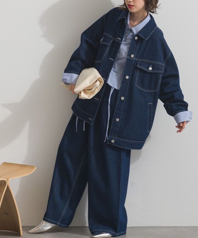 日本 ELENCARE DUE - 10oz 立體摺線後腰鬆緊牛仔褲-刷色黑