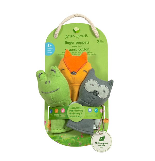 美國 green sprouts - 寶寶有機棉手指玩偶3入組-灰/綠/橘
