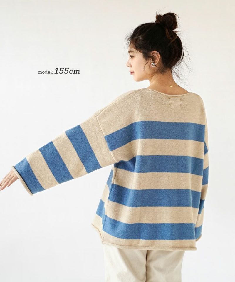 日本 zootie - 撞色粗條紋寬鬆針織上衣-白x灰