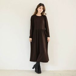 Yukié - 百搭壓摺設計長袖長洋裝-咖啡色