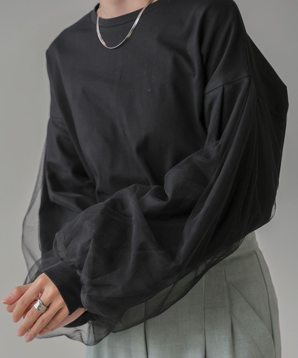 日本 Bab - 優雅拼接薄紗長袖上衣-深灰