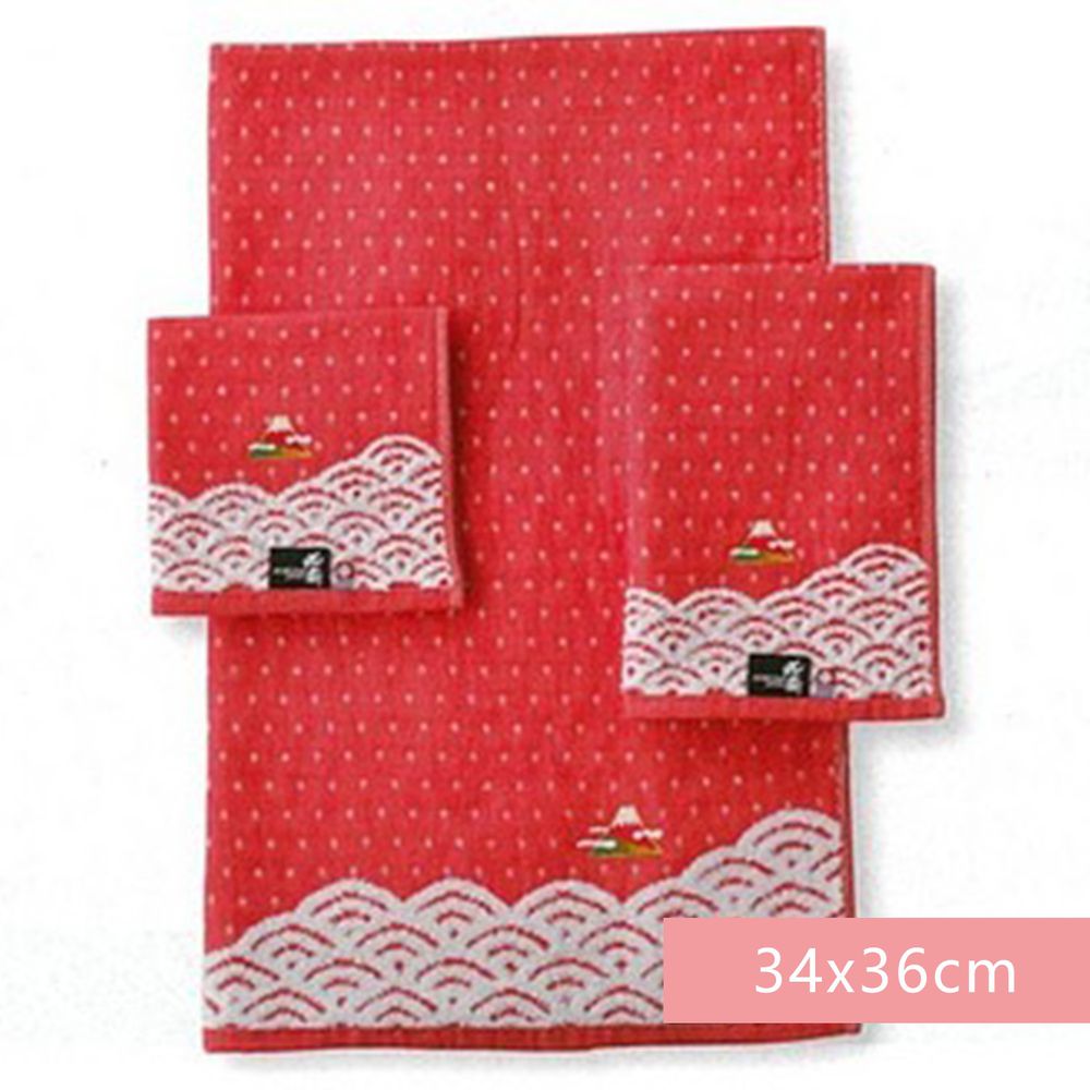 日本代購 - 日本製今治純棉方巾-富嶽浪與富士-紅 (34x36cm)