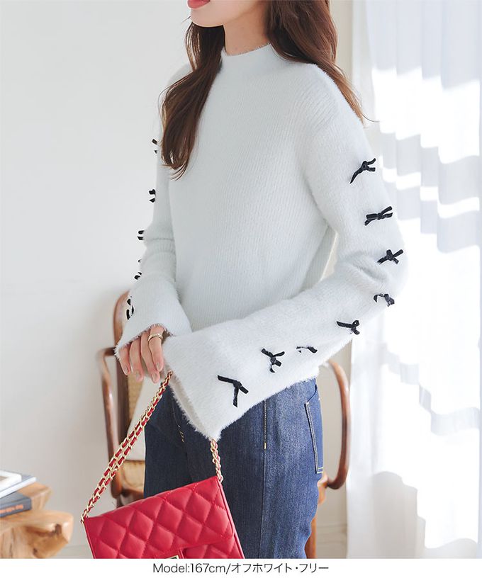 日本 Kobe Lettuce - 甜美緞帶袖毛海感小立領毛衣-白