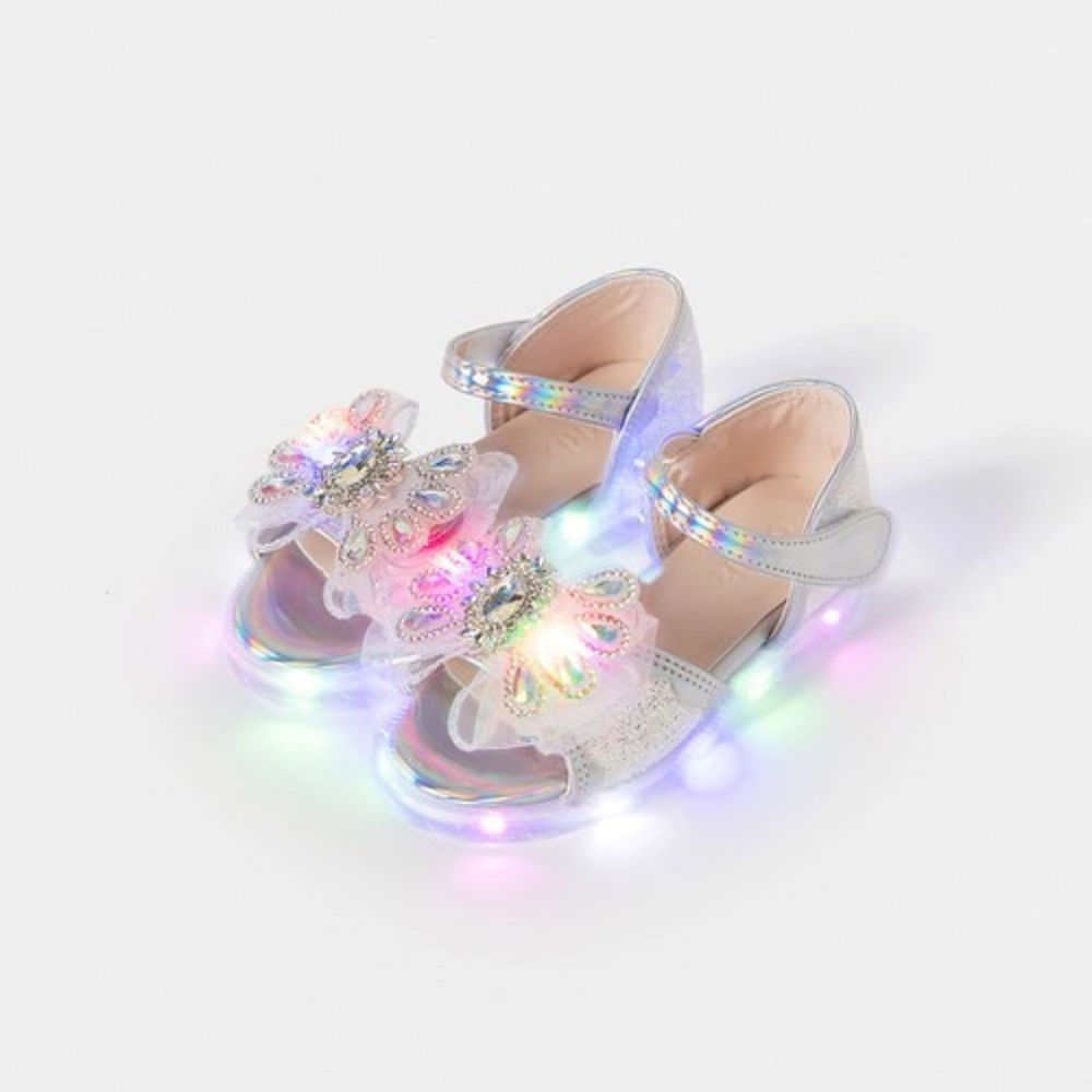 (LED)璀璨寶石蝴蝶結亮片公主涼鞋-銀X白