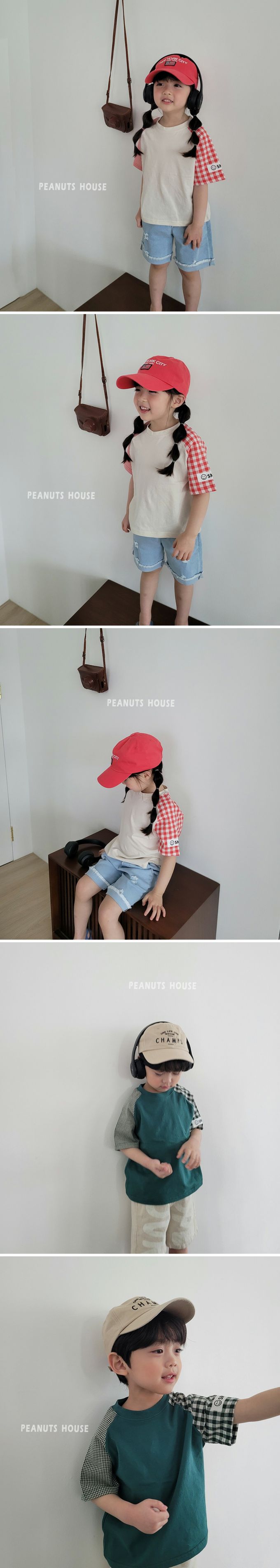 韓國 Peanuts House - 純棉拼接格子短袖上衣-紅