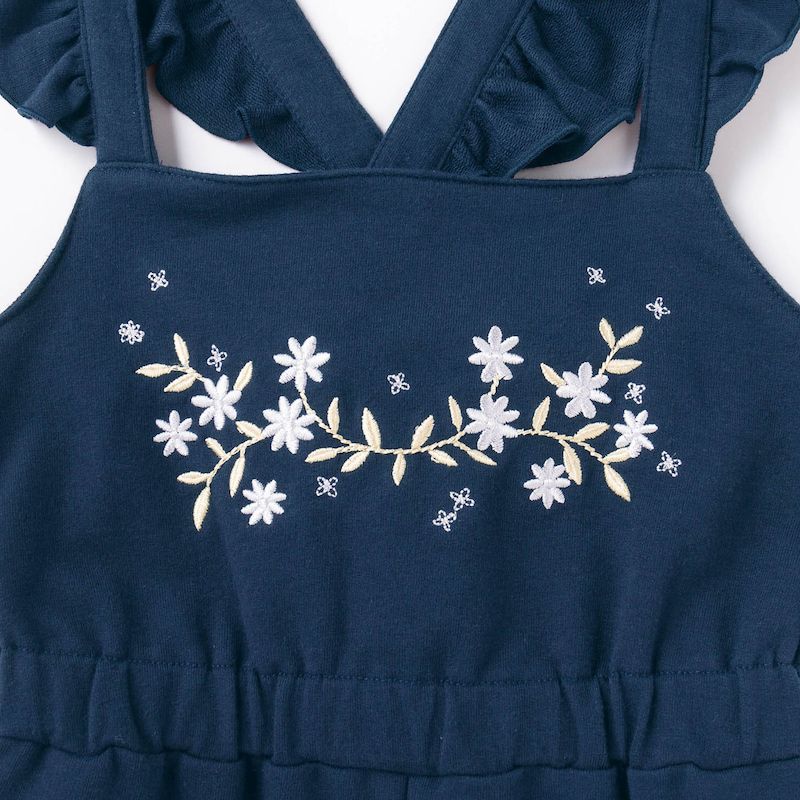 日本千趣會 - 肩膀荷葉邊花朵刺繡吊帶褲-海軍藍