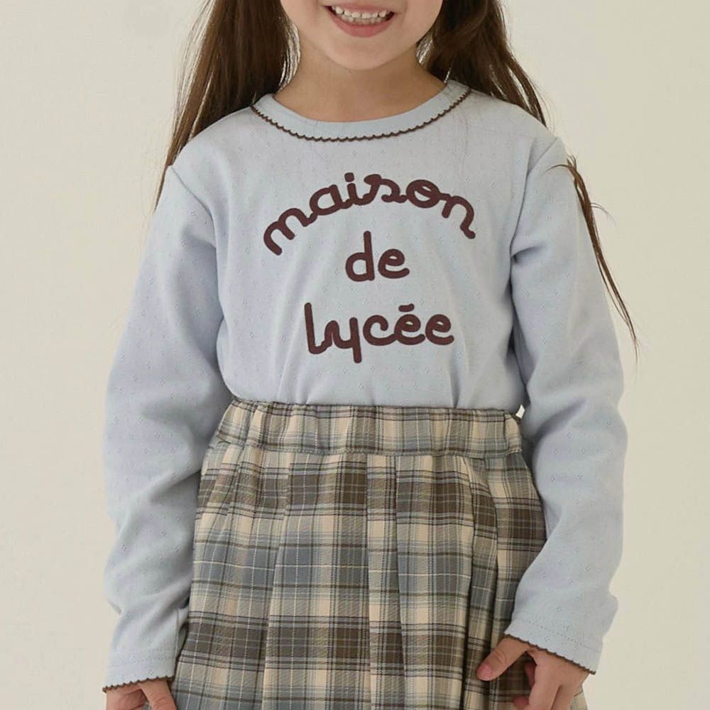 100%棉 優雅法式植絨印花長袖上衣-淺藍