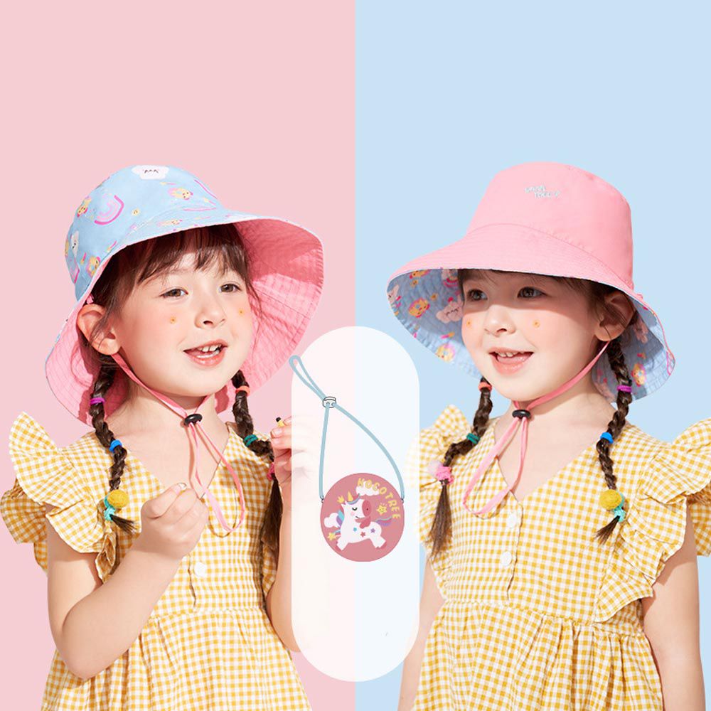 可調節兒童大帽簷防曬遮陽帽-雙面可戴+秒變斜背包-彩虹藍