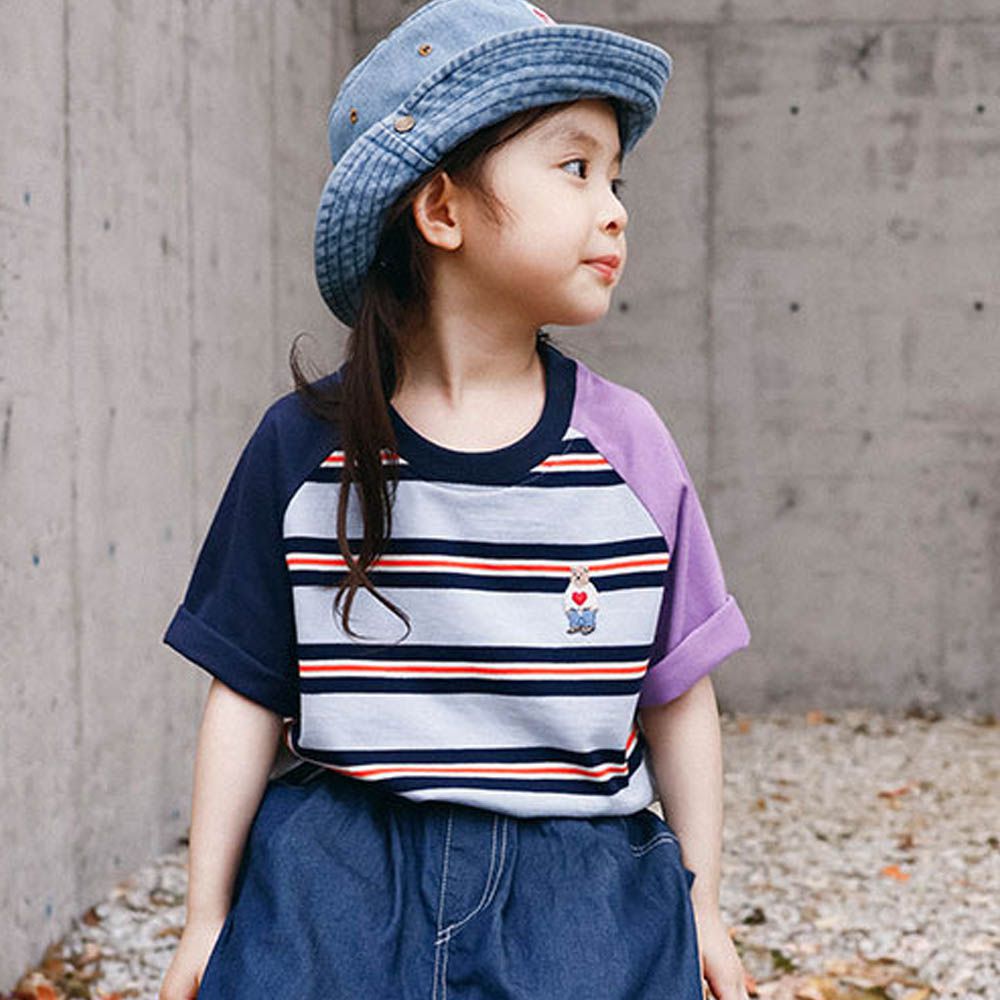 純棉圓領短袖上衣-撞色拼袖條紋-藍x紫