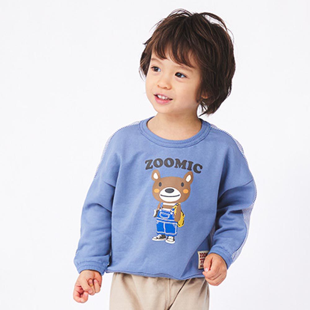 日本 ZOOLAND - 小熊上學前後異素材長袖上衣-藍