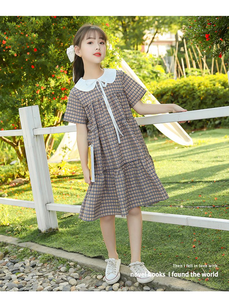 娃娃領短袖蛋糕裙洋裝-格紋-卡其+深藍