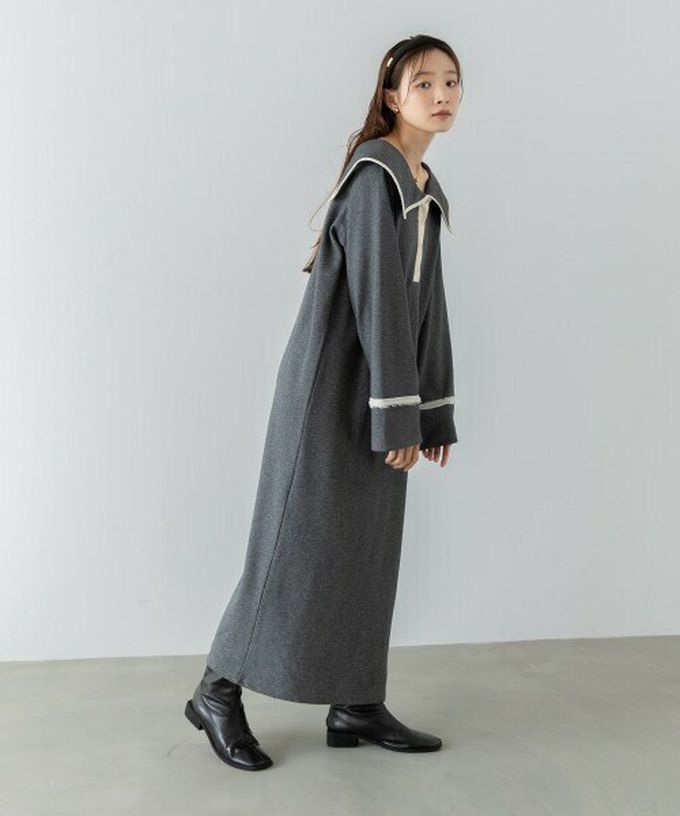 日本 Bab - 滾邊個性大翻領休閒長袖洋裝-咖啡