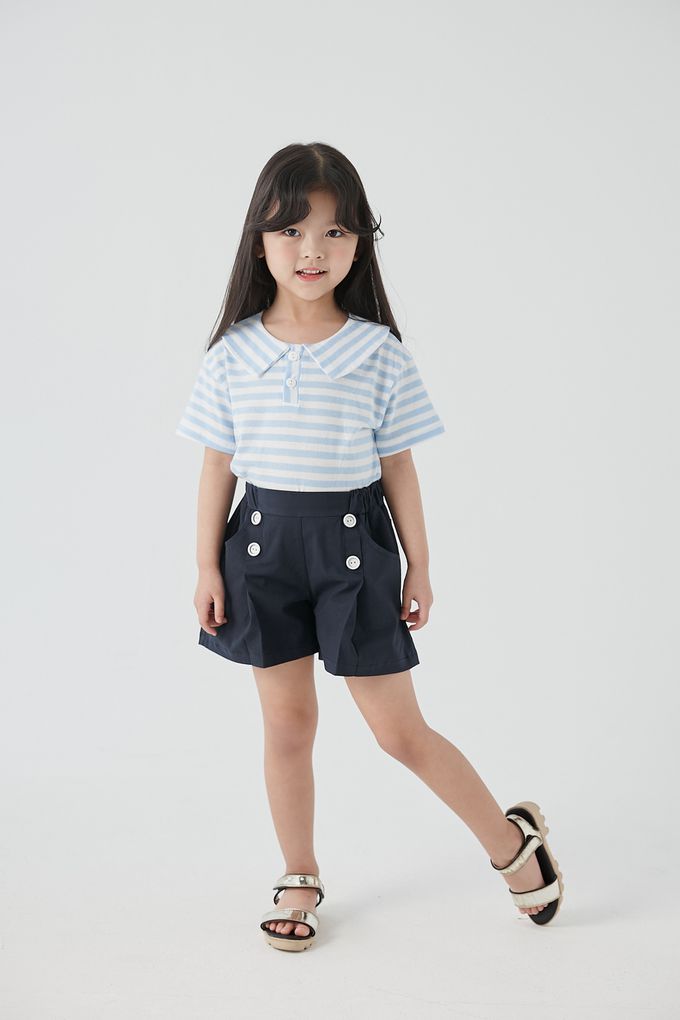 韓國 Coco Bang - 鬆緊腰裝飾釦抓褶短褲-深藍