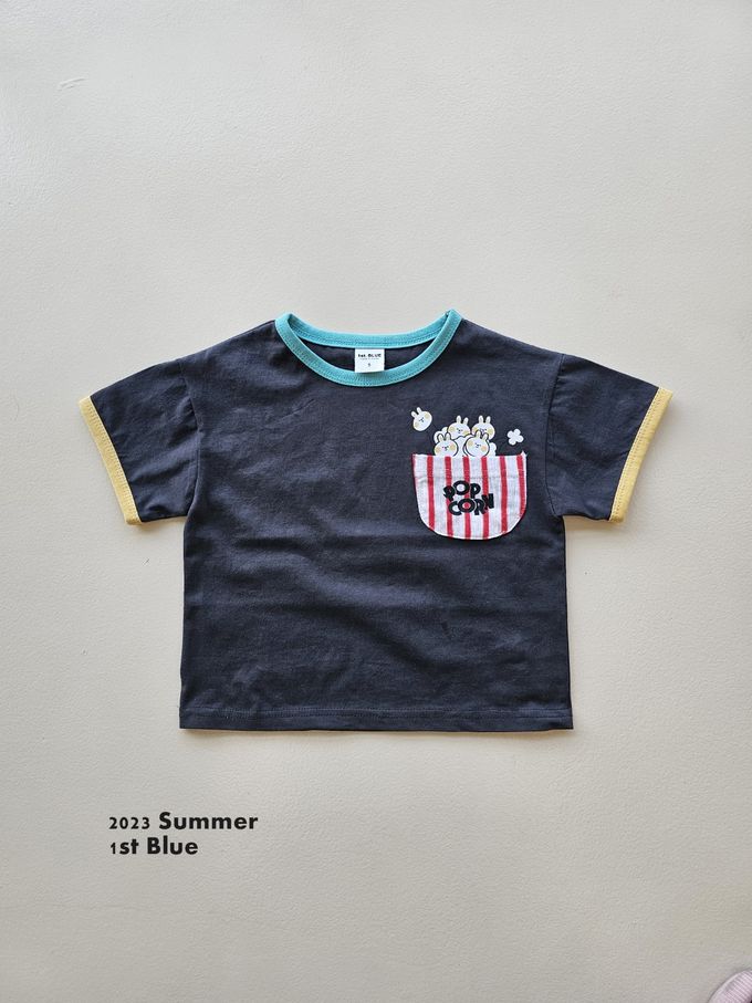 韓國 First Blue - 圓領純棉口袋短袖上衣-爆米花兔兔-黑X綠X黃