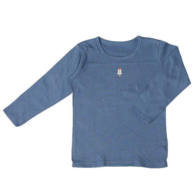 akachan honpo - 長袖圓領上衣2件組-蓬鬆棉 機器人&太空梭-藍色