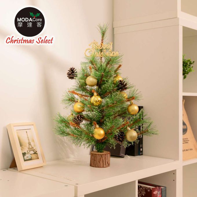 MODACore 摩達客 - 摩達客耶誕-60cm高級開花黃枝松針原木底座聖誕樹/含金球松果配件/本島免運費