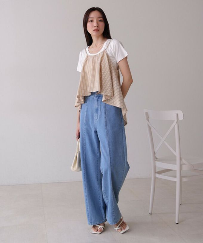 日本 Bab - 簡潔舒適混棉細肩帶長褲套裝-條紋-卡其杏 (M)