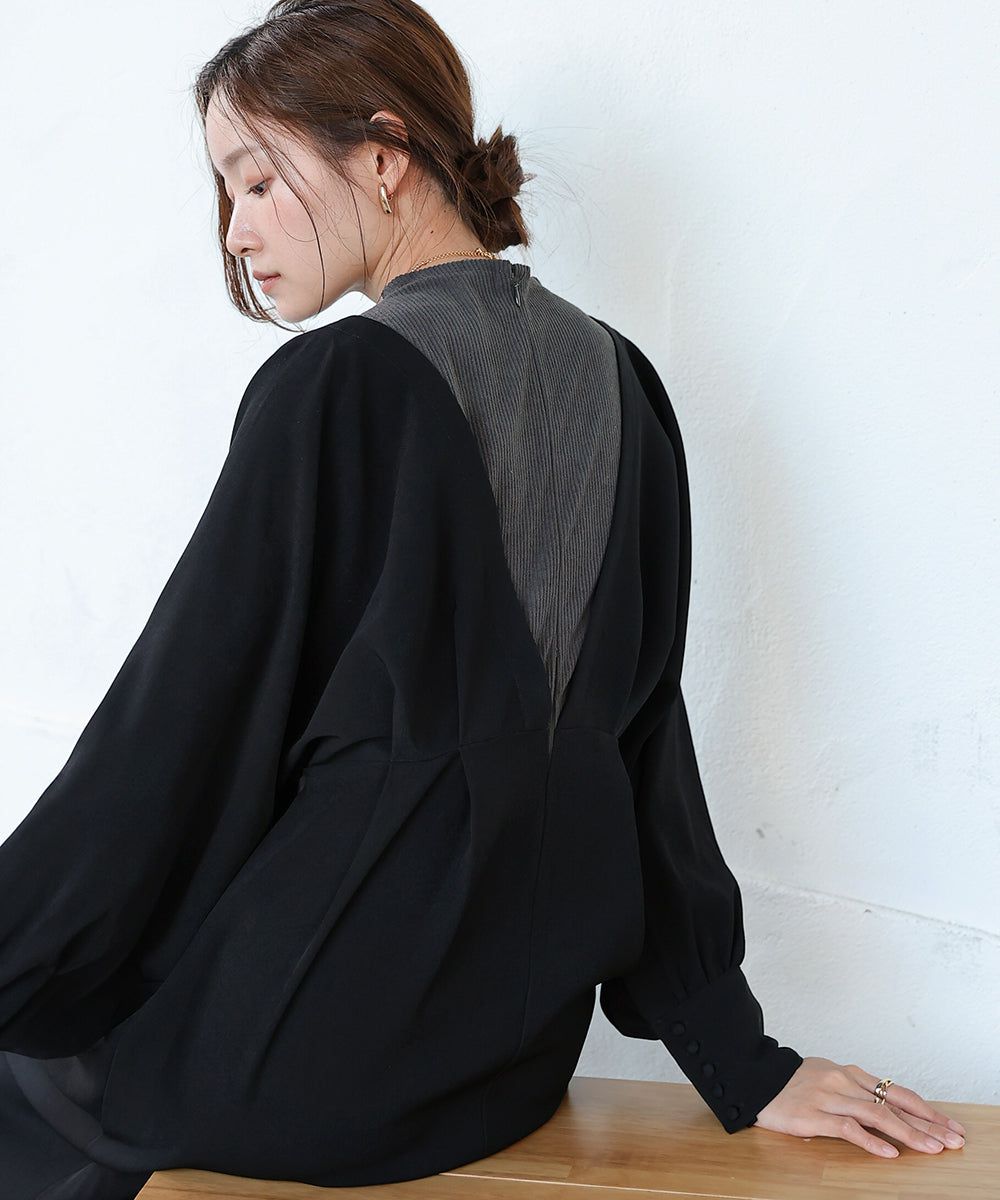 日本 Bab - 大V領拼接唯美歐風長袖洋裝-灰藍