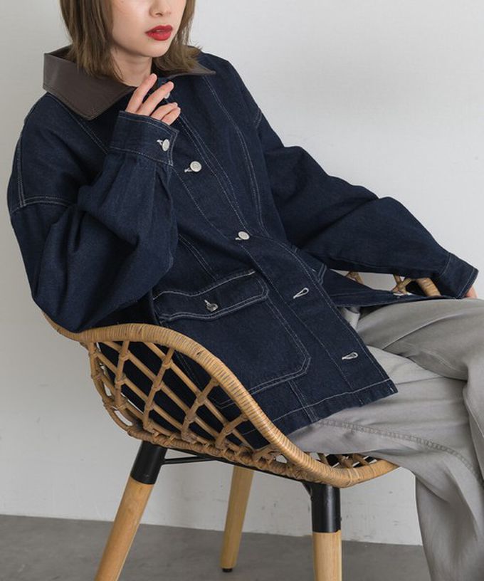 日本 ELENCARE DUE - 10oz優雅皮革領長版刷舊牛仔外套-刷色藍