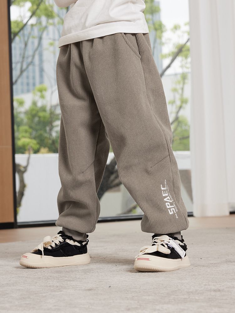 燈芯絨腰鬆緊休閒保暖束口長褲-SPAEC-奶咖啡色