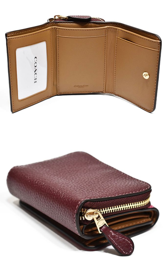 COACH - 條紋拼接皮革短夾 (桃粉)