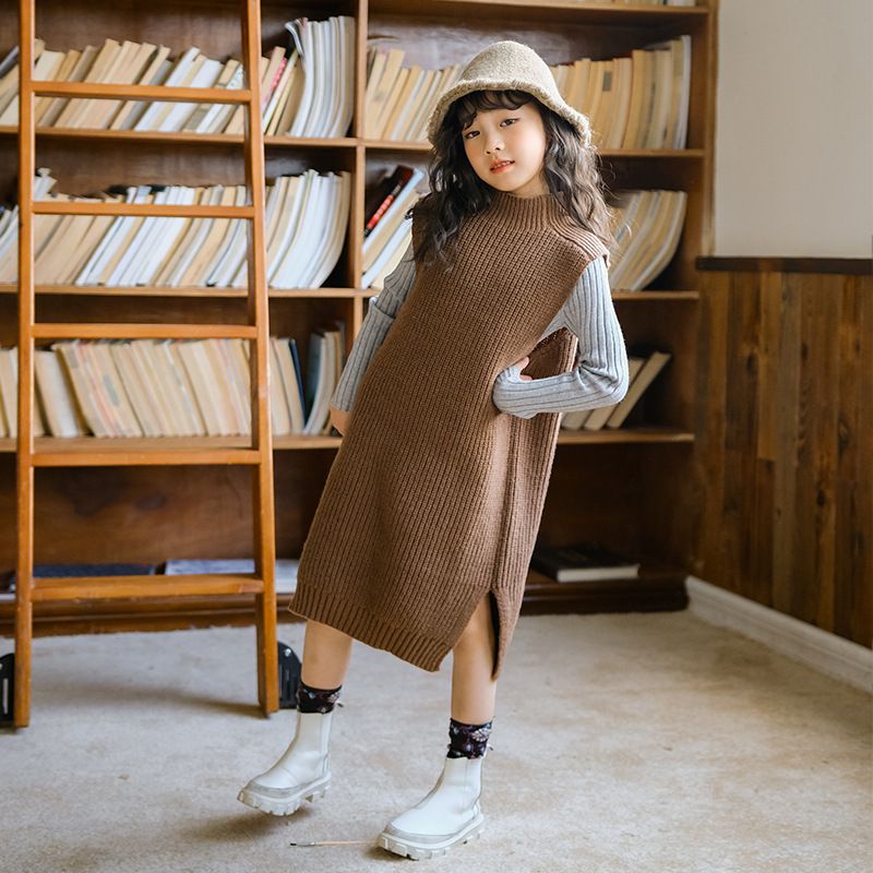 森林系半高領針織背心連身裙-咖啡色