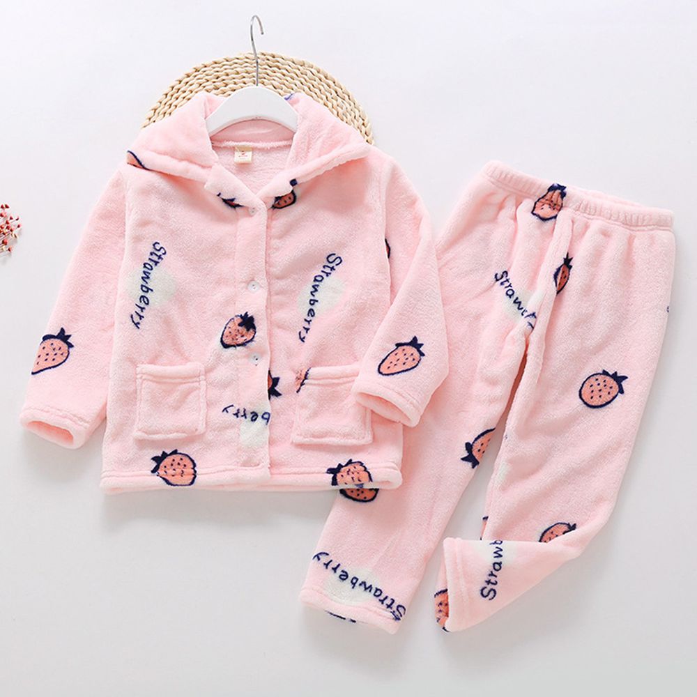超柔軟珊瑚絨開扣睡衣-粉色草莓