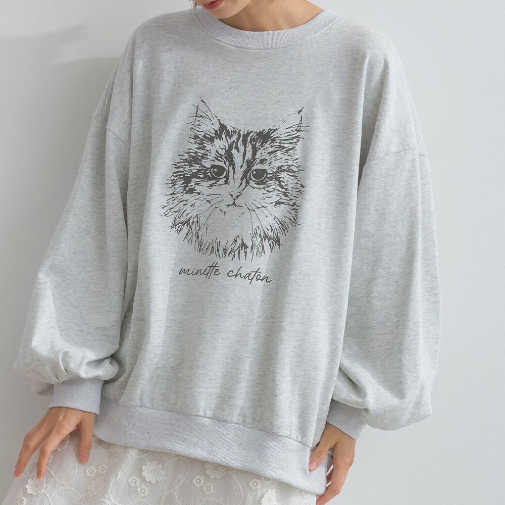 線條貓咪印花裏毛長袖上衣-淺灰