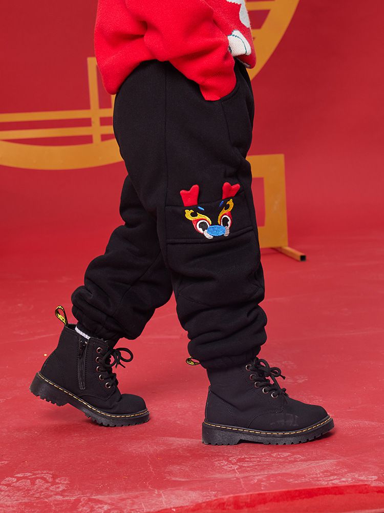 (加絨)喜氣拜年休閒長褲-立體龍角-黑色