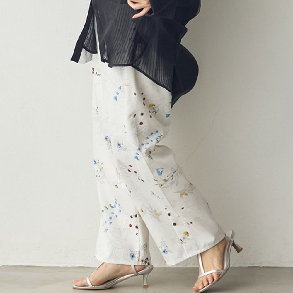 優美花卉鬆緊舒適寬褲-白