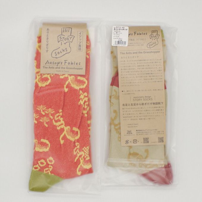 日本女裝代購 - 日本製 伊索寓言印花長襪-螞蟻與蟋蟀-橘紅 (23-25cm)
