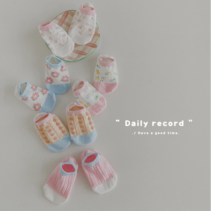 love, charlotte - 馬卡龍色粉嫩小花網眼隱形棉襪-5 雙一組